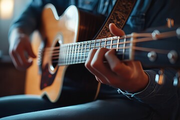 Close-up of guitar with blurred musician playing, raw style. Ideal for album covers, music tutorials, promotional posters, or artistic backgrounds. Emphasizes creative passion and instrument details.