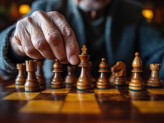 Senior hands moving wooden chess pieces with shallow depth of field, 4:3 aspect ratio, raw style. Perfect for board game promotions, senior leisure activities, strategic thinking concepts, and educati