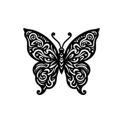 Intricate black and white butterfly illustration with detailed ornamental patterns.