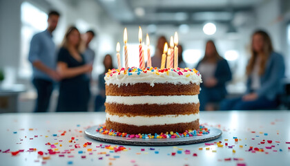 Office birthday celebration with focus on sprinkled cake and candles.
