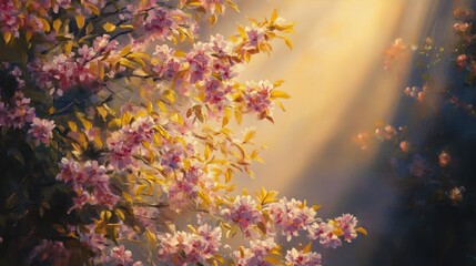 Photo of soft pink blossoms on a branch are illuminated by warm golden sunlight in a garden