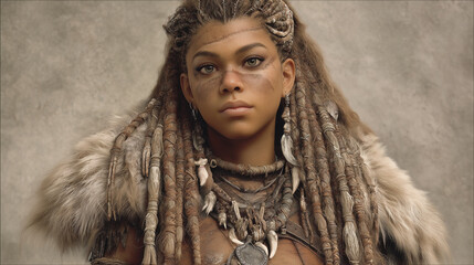 Portrait of a Neanderthal Woman Showcasing Traditional Features and Attire in a Prehistoric Setting