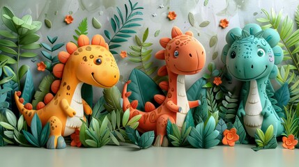 Three cartoon dinosaurs amid lush foliage, joyful expressions