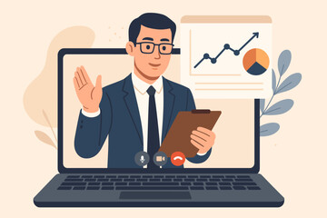 Business consultant on laptop screen giving online presentation with data analysis charts. Concept for virtual meeting, financial advising, remote expertise and corporate strategy.