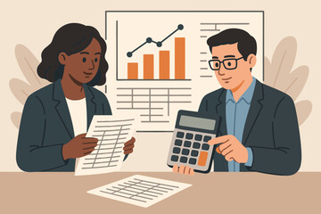 Accounting and finance experts calculate budget, profit, and loss. Business accountants produce report graph from data. Professional teamwork concept with calculator.