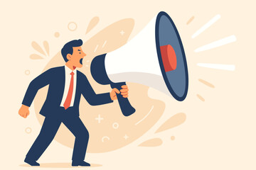 Businessman shouting in megaphone. Loud protest announcement. Important advertising message. Communication and marketing concept. Man with bullhorn making a public statement.