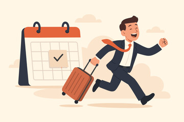 Annual leave concept. Happy businessman running with luggage. Day off vacation to rest and relax. Time schedule reminder. Escape from work. Freedom. Holiday trip journey travel.