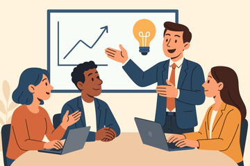 Leadership concept of convincing people. Businessman persuading colleagues in a meeting. Presenting an idea with a lightbulb for business growth. Influence and communication.