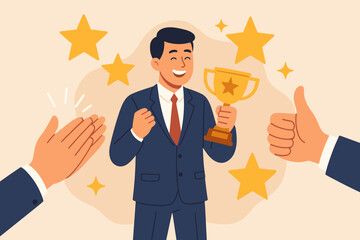 Employee recognition and appreciation concept. Successful businessman holding a trophy award for high performance. Good job congratulations with applause and thumbs up gesture.