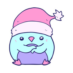 cute cartoon penguin wearing christmas hat in bright neon color