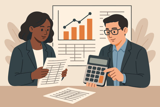 Accounting and finance experts calculate budget, profit, and loss. Business accountants produce report graph from data. Professional teamwork concept with calculator.