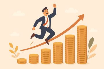 Concept of compound interest and money growth. Happy businessman investor jumping on a rising arrow over stacks of coins. Financial success, profit, and prosperity metaphor.