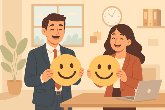 Employee happiness and job satisfaction concept. Happy businessman and woman holding smiling faces. Positive workplace attitude, company benefit and work motivation metaphor.