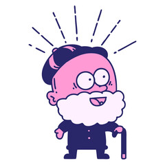 illustration of a traditional tattoo style happy old man with walking stick in bright neon color