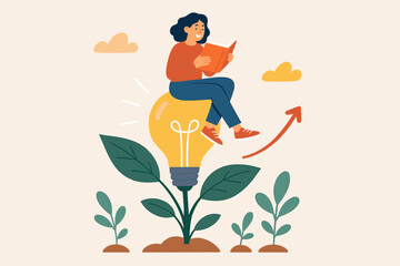 Growth mindset and lifelong learning concept. Woman reading a book on a growing lightbulb plant. Knowledge, education, and skills for personal development and success.