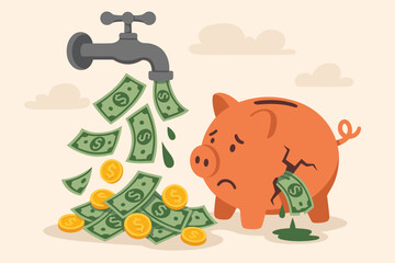 Financial loss concept. Leaking piggy bank with crack, money flowing from faucet, overspending, reduced savings, debt, bankruptcy, poor money management, expenses draining wealth