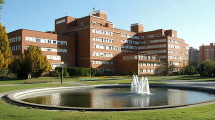Sunny hospital grounds with fountain and park