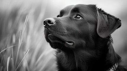 Black Labrador Dog, Outdoors, Looking Up, Grassy Field