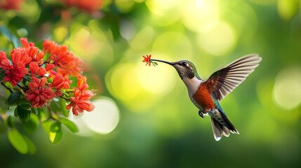 Hummingbird in flight feeding on flower, vibrant garden setting