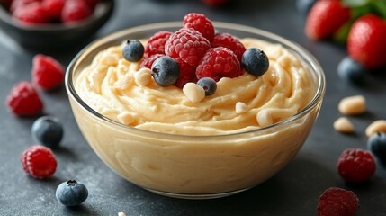 Creamy dessert, berries, nuts, dark background, food photography