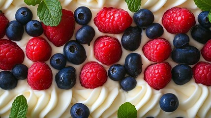 Creamy dessert topped with raspberries, blueberries, and mint