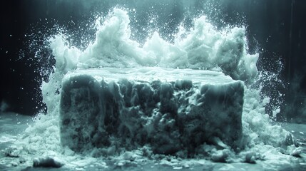 Icy cube pedestal erupts with white foam, dark studio backdrop