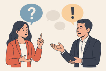 Question and answer session, Q&A or FAQ concept. Business people discussion to get solution. Man and woman brainstorming, problem-solving conversation. Communication dialogue.
