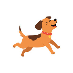 Happy cartoon dog running with red collar on white background &ndash; stock vector in colorful flat style