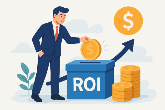 ROI return on investment performance measurement, business profit efficiency, marketing cost analysis, campaign success, businessman investing money coin, financial growth concept