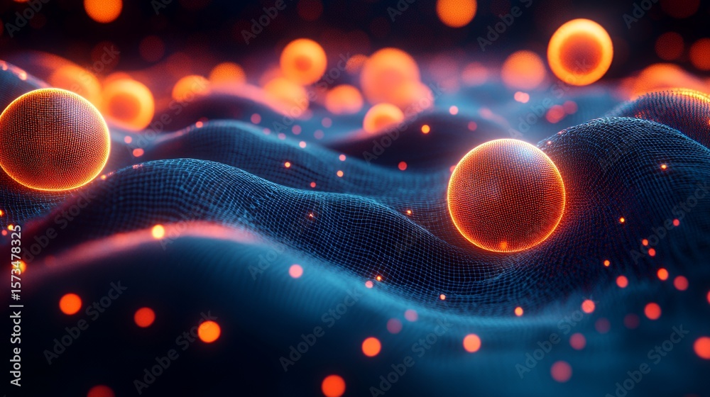 Wall mural abstract glowing orange spheres flowing over dark waves of connected dots. background sparkling part
