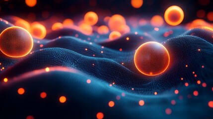 Abstract glowing orange spheres flowing over dark waves of connected dots. Background  sparkling particles. Use scientific, medical, or technology background