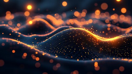 Glowing particles flowing, dark background, abstract tech design