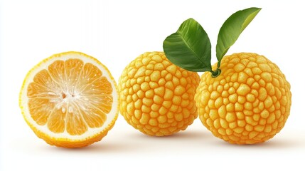 Citrus fruit, halved, textured, vibrant yellow, isolated on white background
