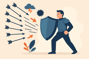 Businessman in armor with a shield protects from threats. Business risk, security attack, and insurance concept. Safety guard against problems. Metaphor for resilience and defense.