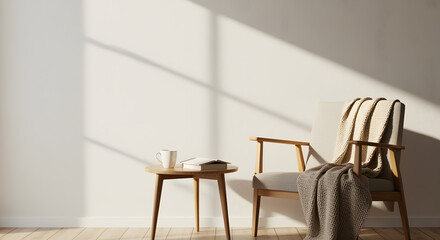 Cozy Reading Nook with Wooden Chair and Side Table