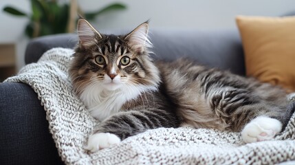 Fluffy Norwegian Forest Cat resting on cozy couch