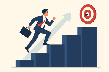Businessman climbing career ladder steps to success, reaching target goal, professional growth, ambition, achievement, business challenge, improvement, progress concept