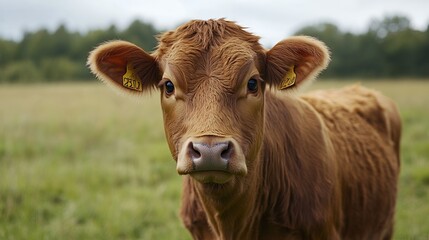 Brown cow portrait in grassy field, overcast day