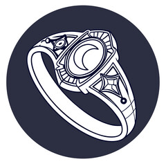 Illustration of a white ring with a crescent moon emblem on a dark blue circular background design style