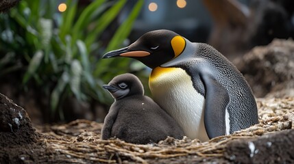 Emperor penguin parents and chick in a nest, zoo environment
