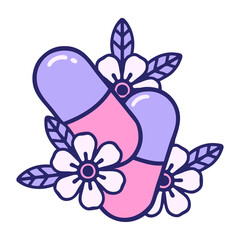 iconic tattoo style image of pills and flowers in bright neon color