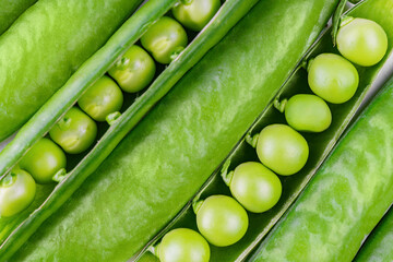Abstract macro food background of organic green pea pods opened to reveal plump peas inside....