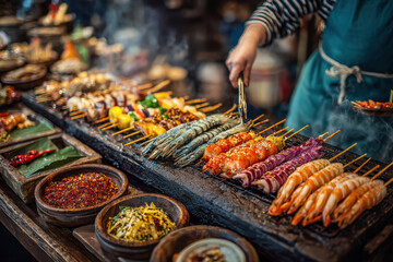 Obraz premium Street food vendor using tongs to prepare noodles on a hot plate, surrounded by various ingredients and dishes