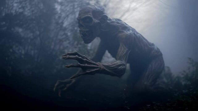 Amidst the sunless shadows of a ghostly woodland a looming figure of death rises from the underbrush halfrotted and grotesquely hunched. The jaw hangs open too wide revealing rows of