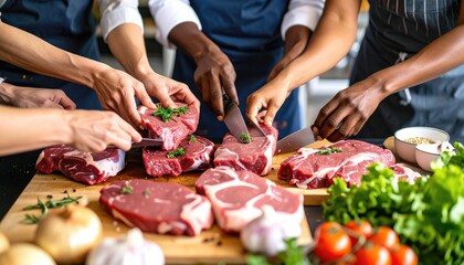 Diverse team preparing raw meat
