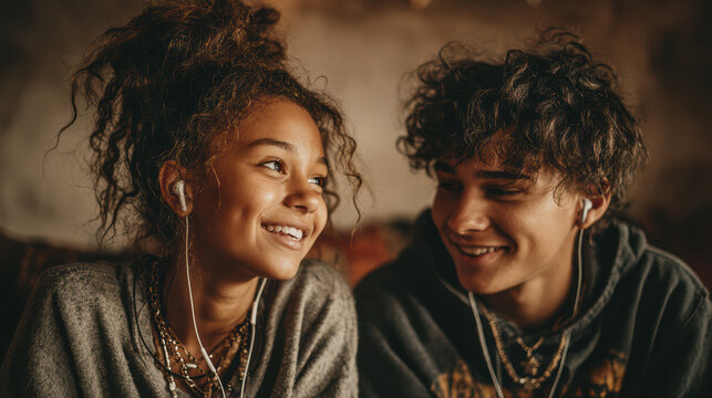 Two teenage siblings, Black girl and biracial boy, sharing earbuds while sitting on couch