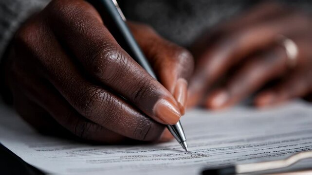 The image captures the fingers of a Black young woman delicately poised on a visa application with a bright pen in hand. The textured surface of the clipboard and the forms printed