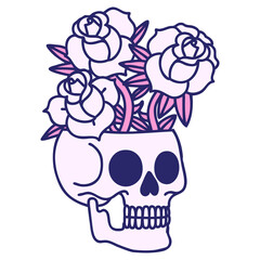 iconic tattoo style image of a skull and roses in bright neon color