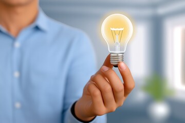 Businessman holding glowing light bulb, symbolizing innovative idea, on gray background