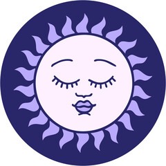 iconic tattoo style image of a sun with face in bright neon color